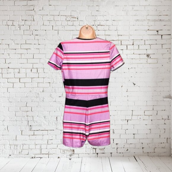NWOT Plunge Cut Striped Onesie Romper Pink Purple Black - Picture 4 of 5